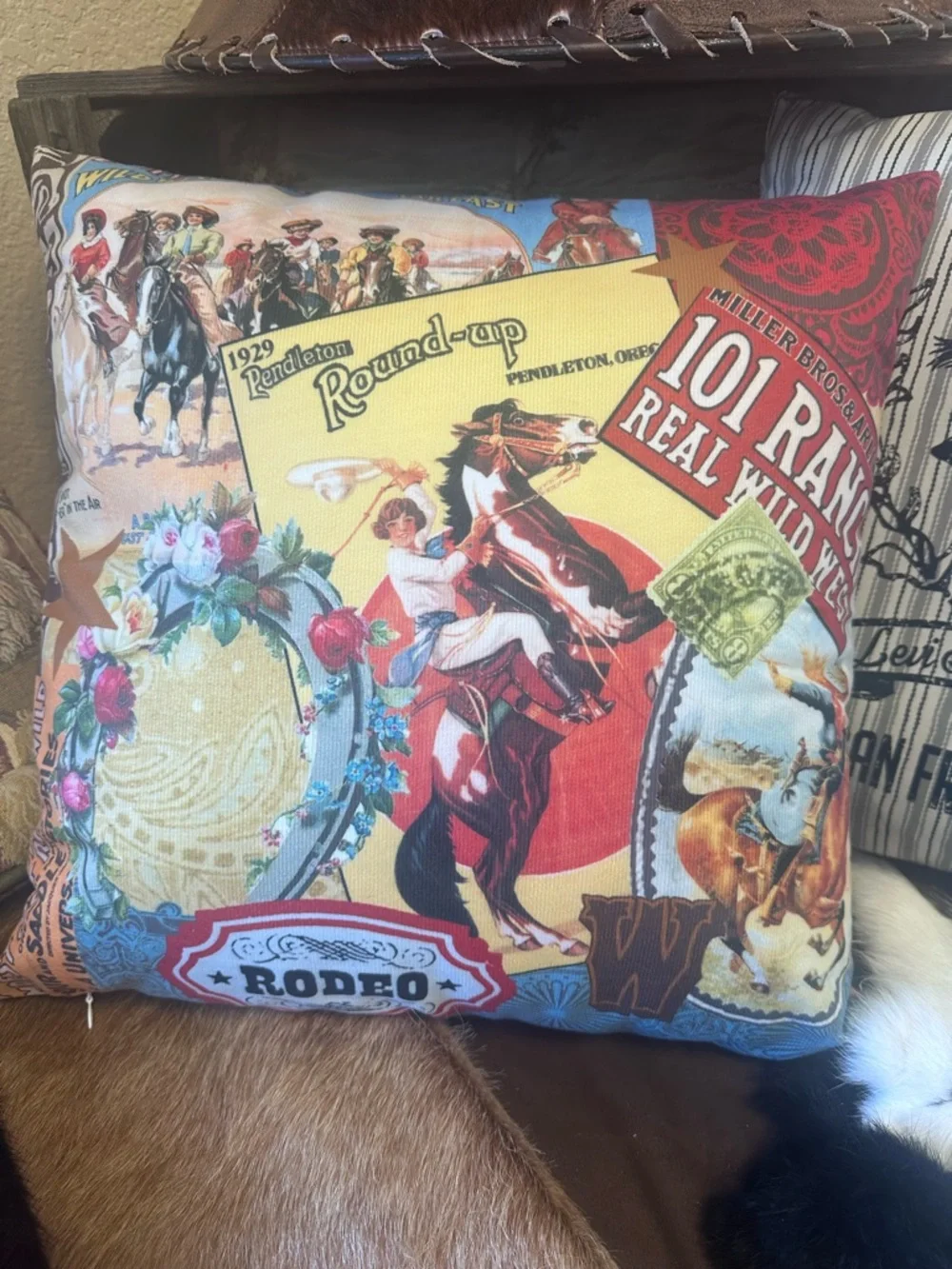 Pendleton Western Rodeo Collage Decorative Pillow - Red, Yellow, Blue, Brown